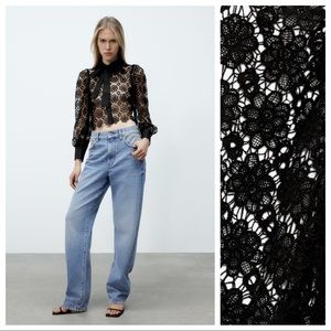 NWT. Zara Black Semi-Sheer Crochet Top/Blouse. Size XS.